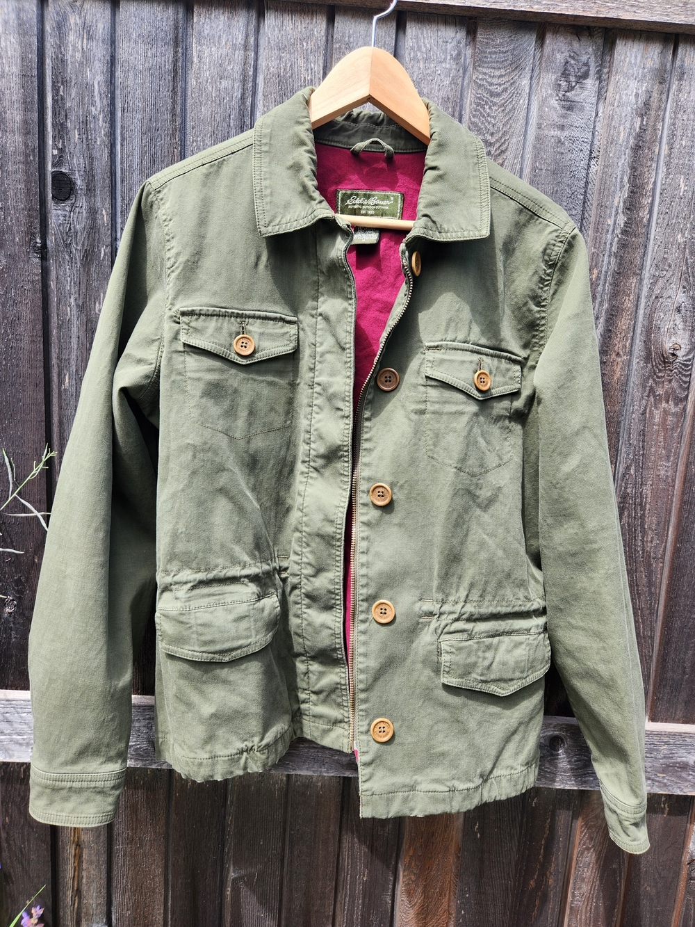 Eddie Bauer Olive Green Jacket with Magenta Lining